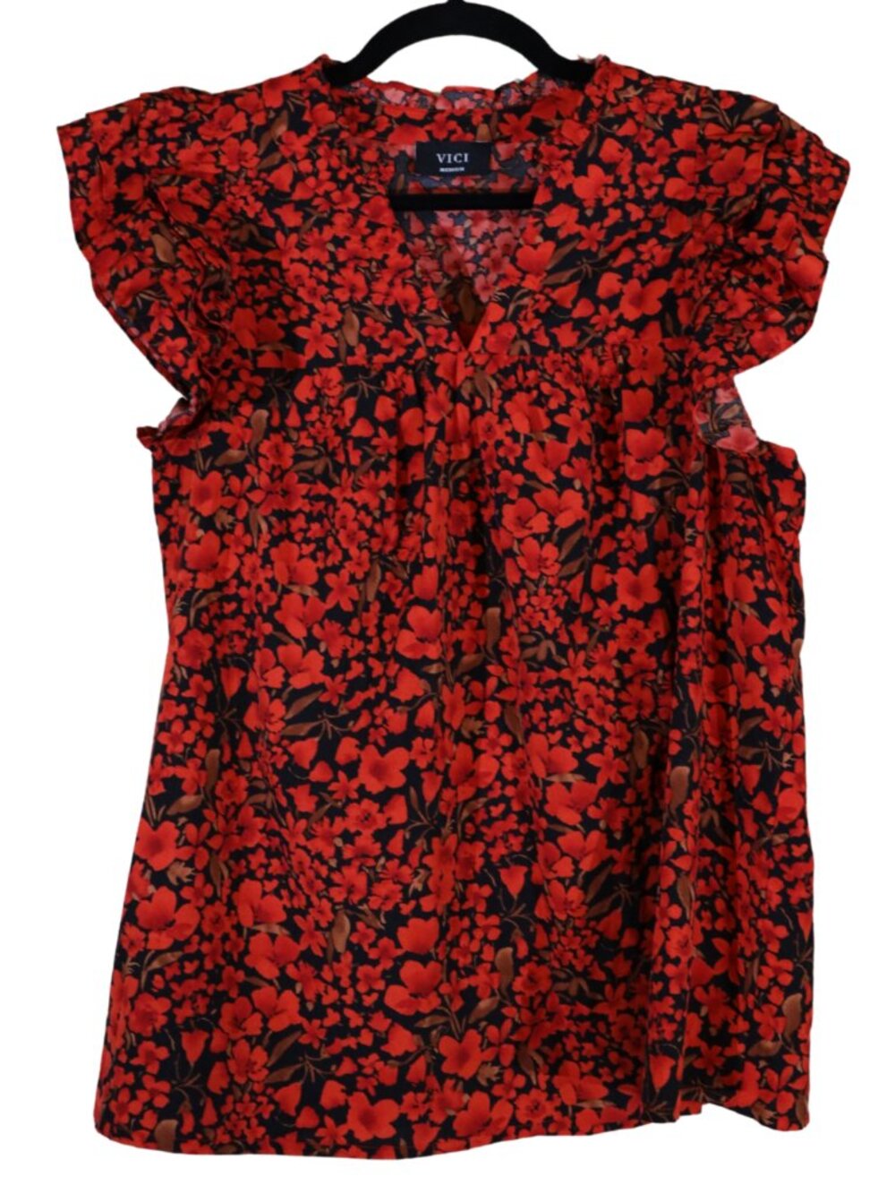 VICI Red Black Floral Ruffle Flutter Sleeve V-Neck Blouse Top M Like New